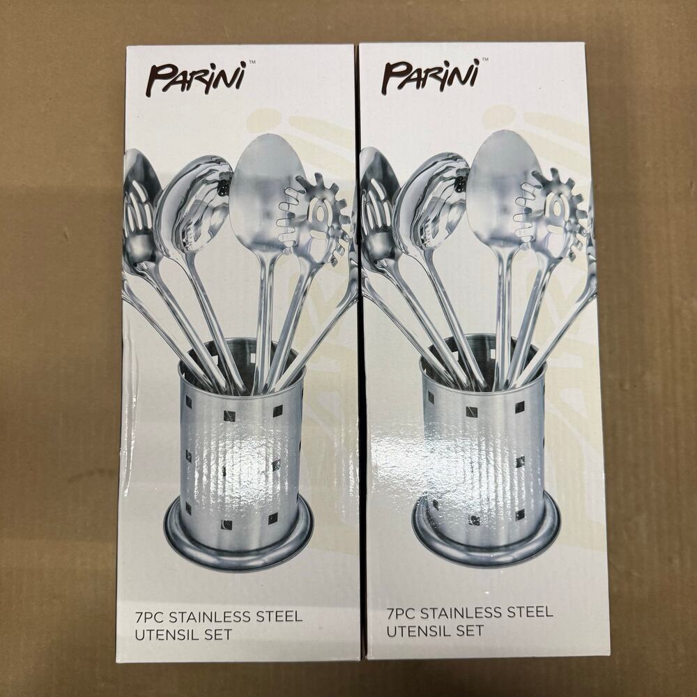 LOT OF 2 - PARINI UTENSIL SET OF 7 STAINLESS STEEL NIB SPOON FORK SPATULA LADLE